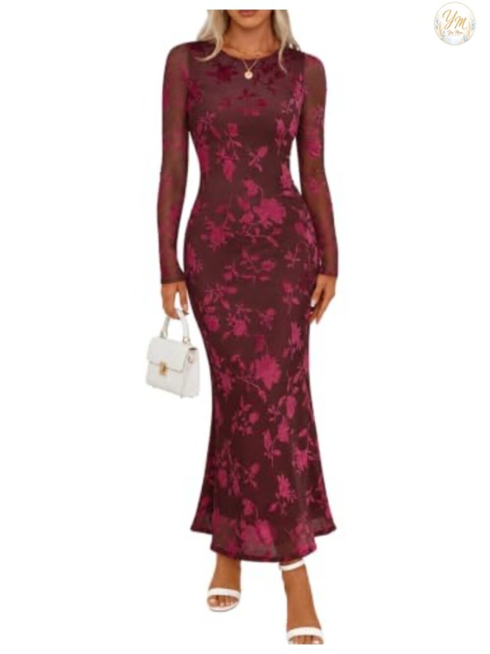 Velvet Floral Bodycon Maxi Dress Long Sleeve Wedding Guest Formal